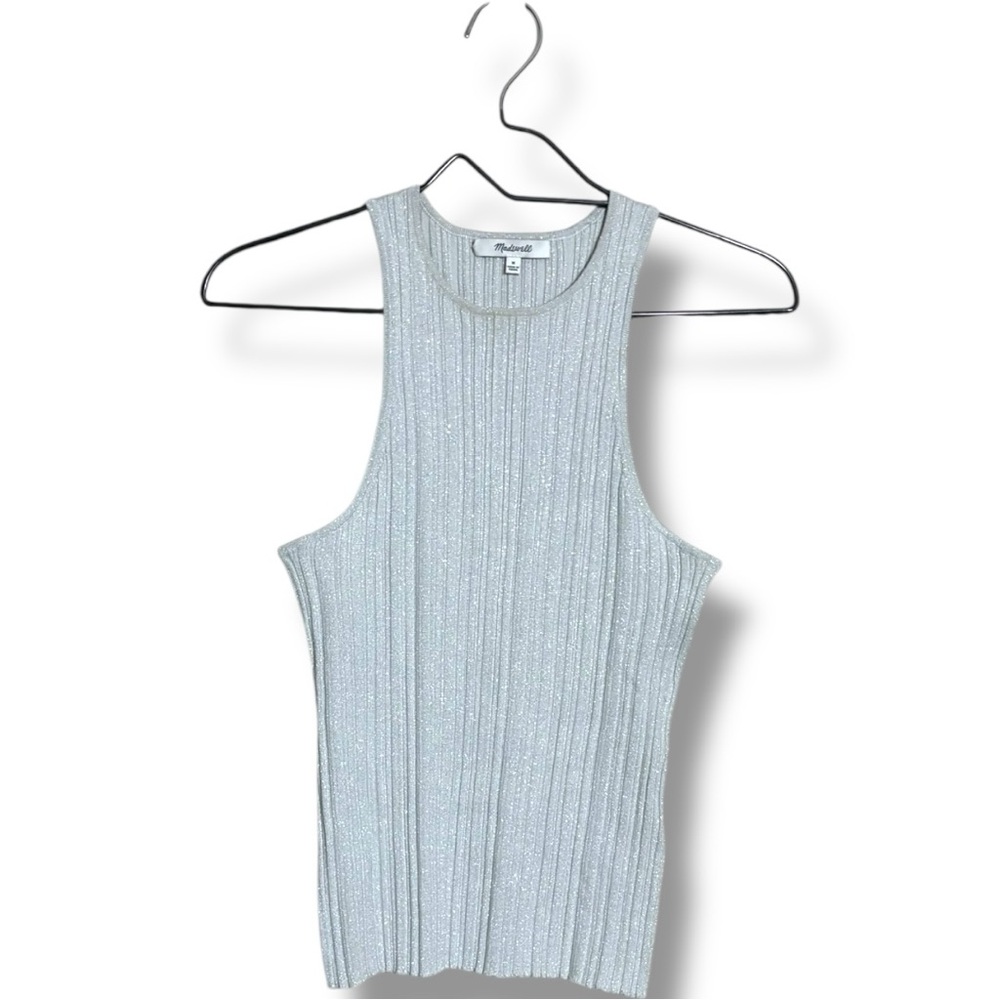 Madewell Blue/Silver Shiny Fitted Sleeveless Ribbed High Neck Racerback Tank Top - Picture 14 of 16